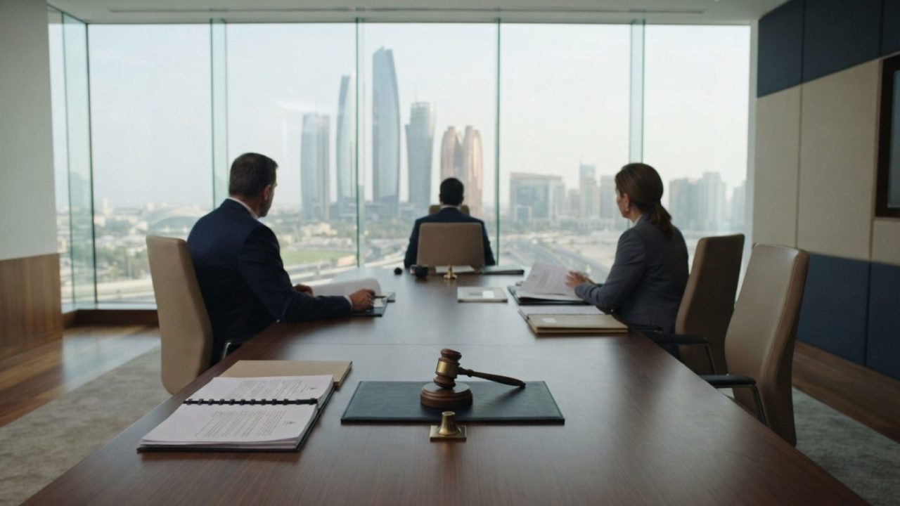 Illustration: A modern government office interior in Abu Dhabi overlooking urban architecture through floor-to-ceiling glass windows, with a polished