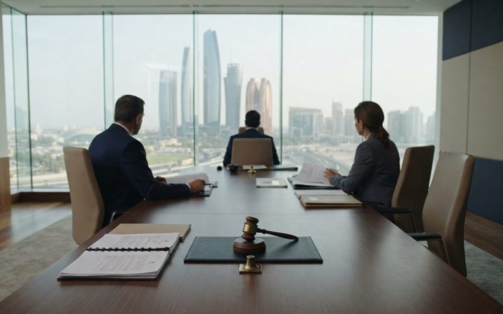 Illustration: A modern government office interior in Abu Dhabi overlooking urban architecture through floor-to-ceiling glass windows, with a polished