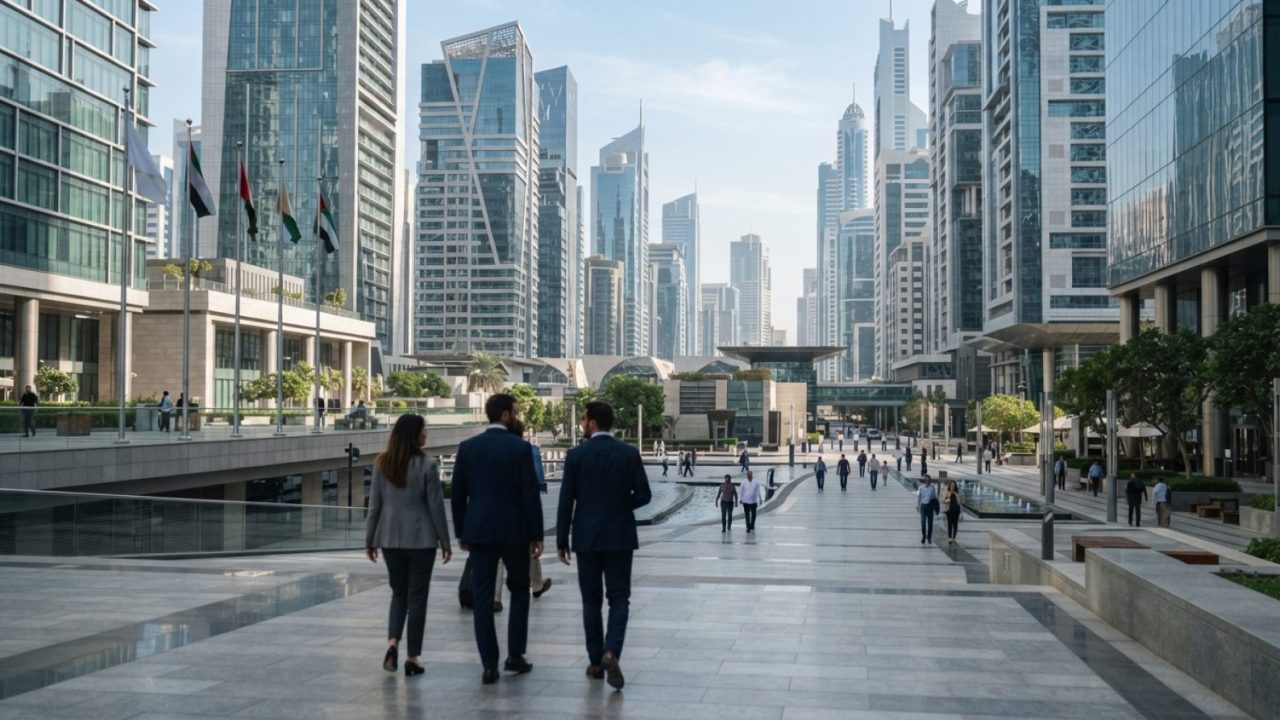 Illustration: A modern, gleaming international financial district plaza with towering glass skyscrapers and subtle architectural elements representing