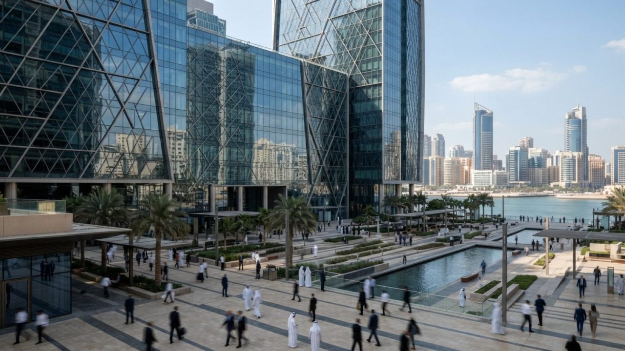 Illustration: An editorial photograph of modern commercial banking and financial headquarters in Abu Dhabi, featuring glass architectural facades refl