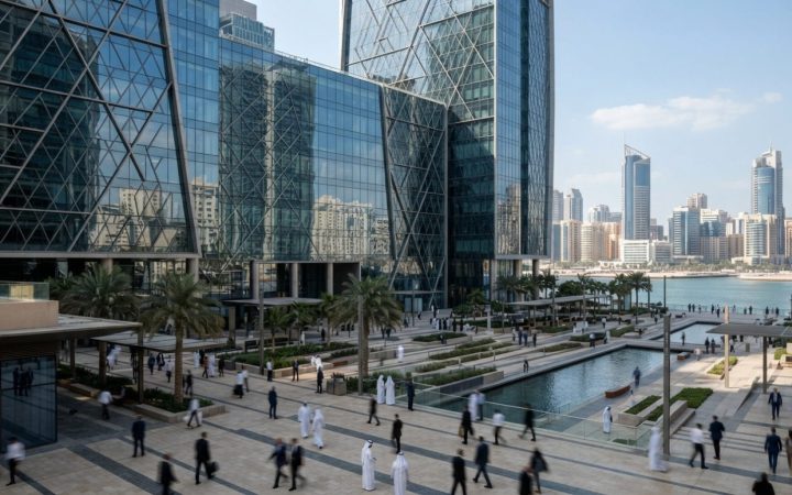 Illustration: An editorial photograph of modern commercial banking and financial headquarters in Abu Dhabi, featuring glass architectural facades refl