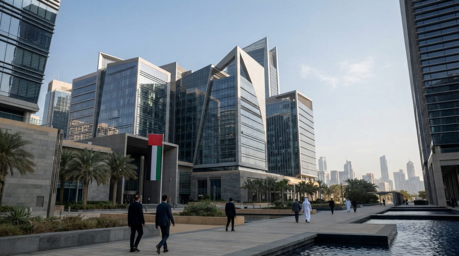 Illustration: Exterior view of modern commercial banking and financial headquarters buildings in Abu Dhabi under clear daylight, featuring contemporar