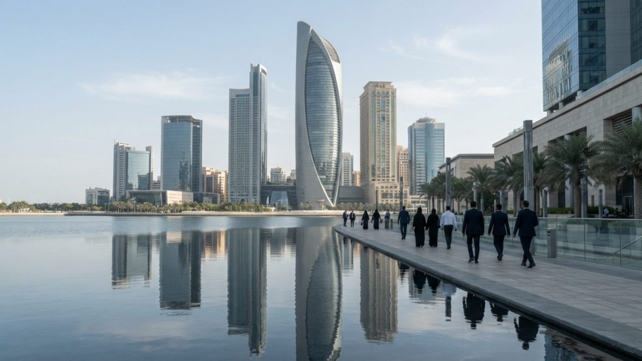 صورة توضيحية: حي مالي حديث في أبوظبي يضم أبراجاً مكتبية معاصرة تنعكس على مياه هادئة في وضح النهار، مما يعكس الطابع المالي
