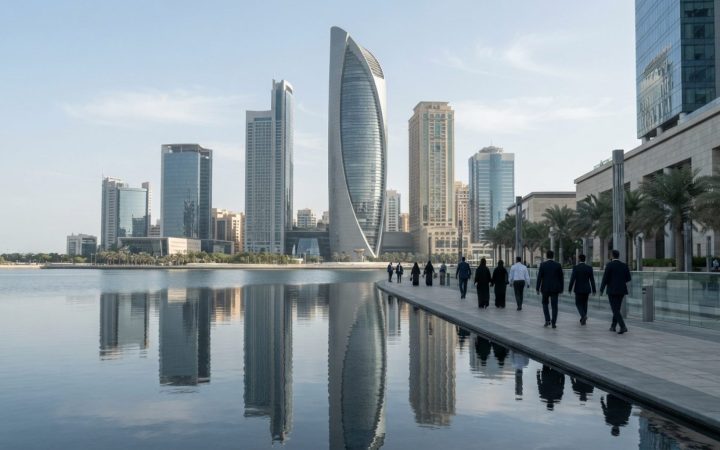 Illustration: A modern financial district in Abu Dhabi with contemporary office towers reflected in calm water under bright daylight, conveying financ