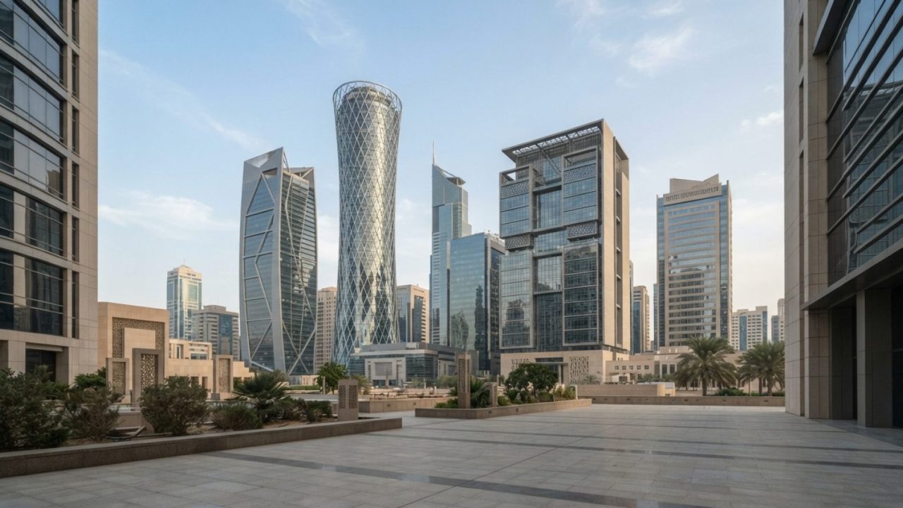 Illustration: Editorial photograph of high-rise central bank and financial district glass office towers in modern daylight, clean architectural lines,
