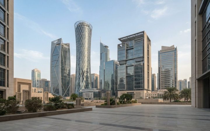 Illustration: Editorial photograph of high-rise central bank and financial district glass office towers in modern daylight, clean architectural lines,