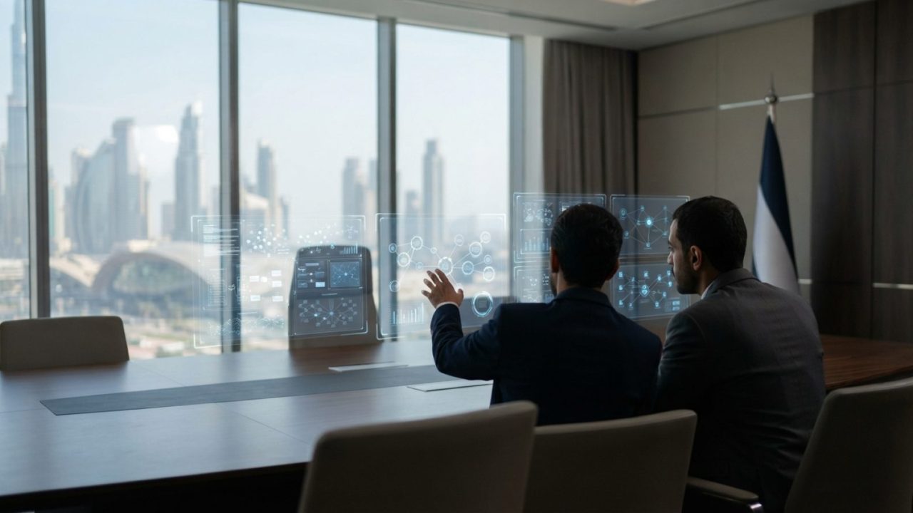 Illustration: A modern legal and regulatory authority office in Dubai with digital holographic interface screens displaying legal compliance data and