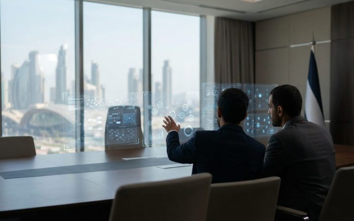 Illustration: A modern legal and regulatory authority office in Dubai with digital holographic interface screens displaying legal compliance data and