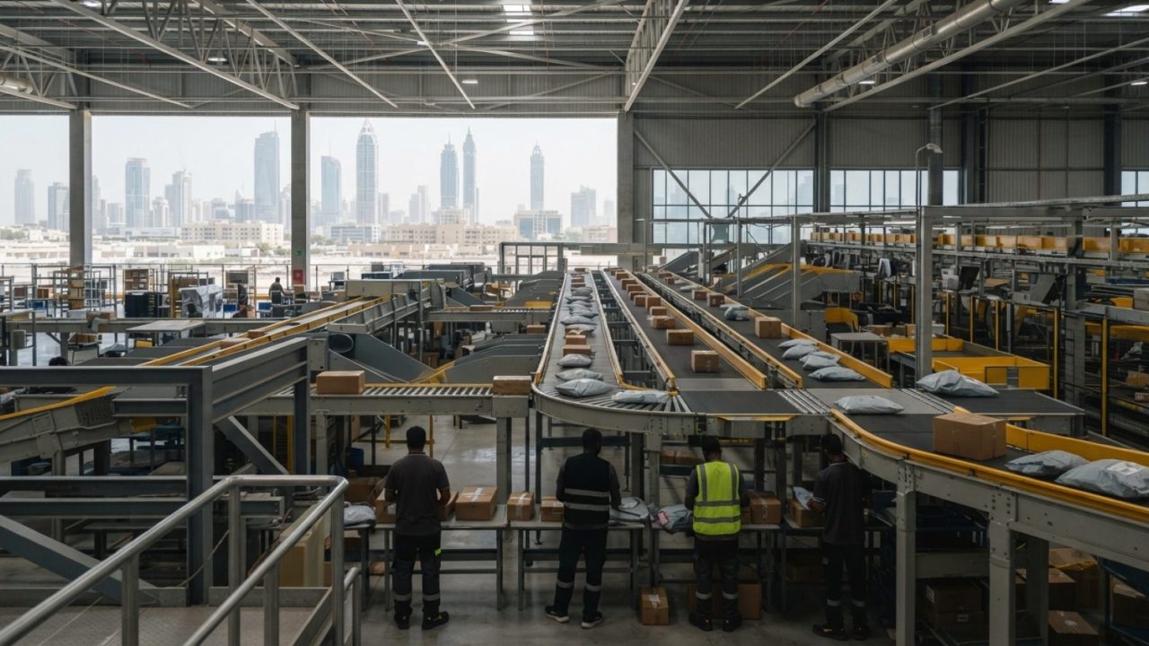 Illustration: A modern logistics sorting facility and automated warehouse interior with conveyor belts and parcels, set in a contemporary industrial p