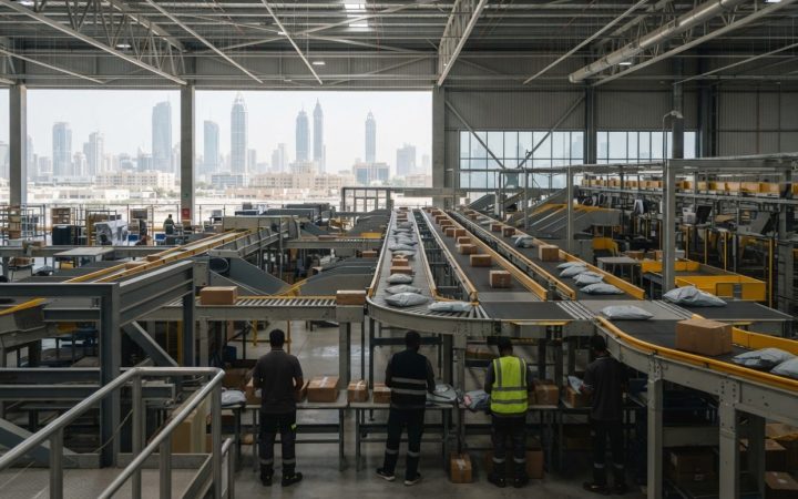Illustration: A modern logistics sorting facility and automated warehouse interior with conveyor belts and parcels, set in a contemporary industrial p