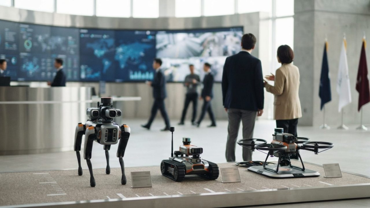 Illustration: A modern technological command centre showroom displaying autonomous industrial inspection drones and small emergency rovers on testing