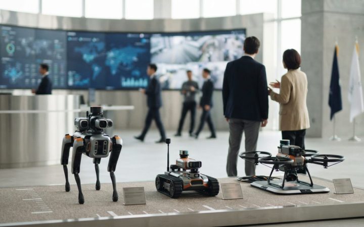 Illustration: A modern technological command centre showroom displaying autonomous industrial inspection drones and small emergency rovers on testing