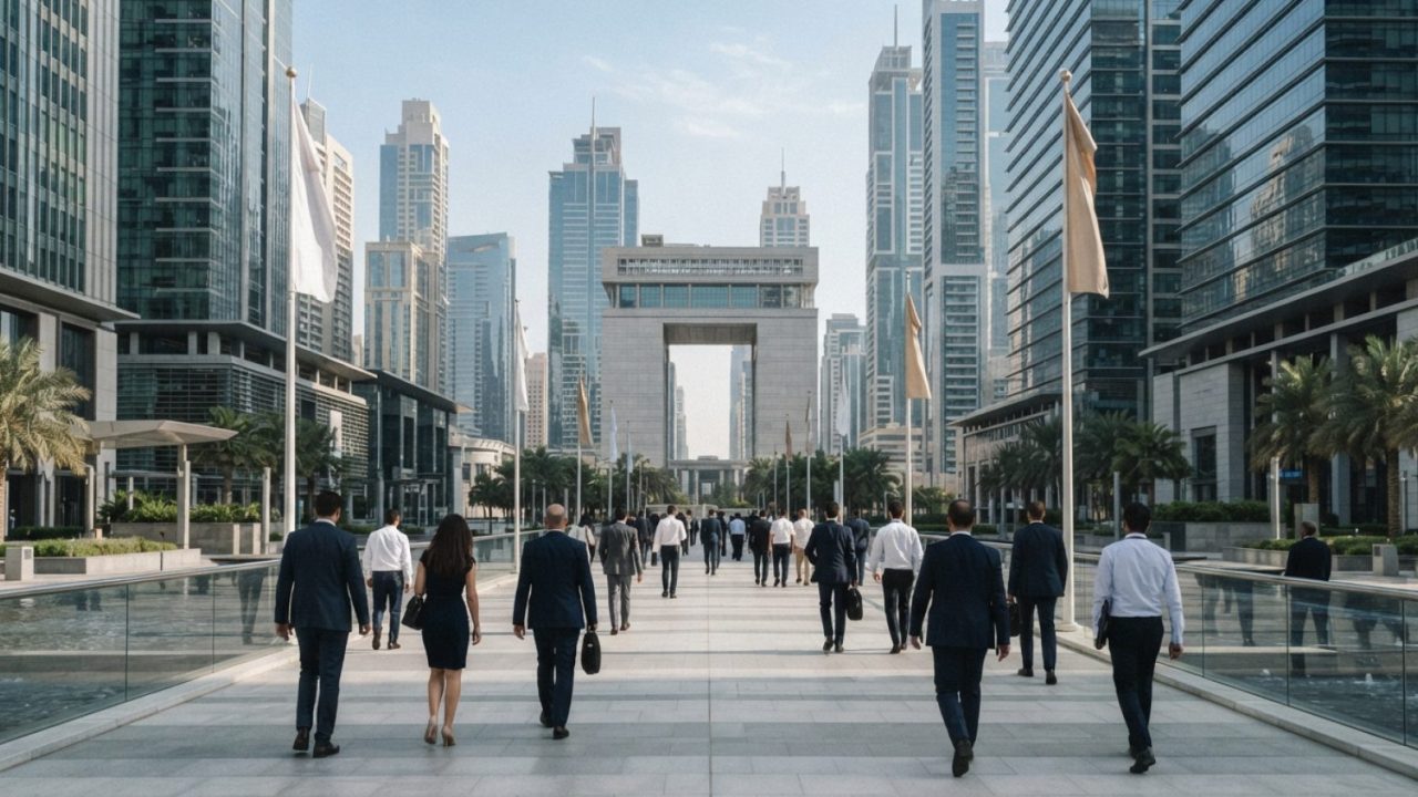 Illustration: Modern financial district in Dubai showing high-rise office towers and glass facades in DIFC under bright daylight, with business profes