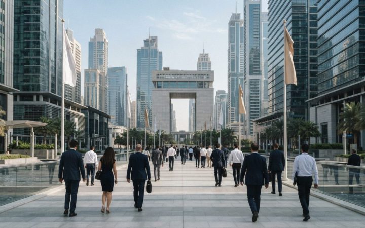Illustration: Modern financial district in Dubai showing high-rise office towers and glass facades in DIFC under bright daylight, with business profes