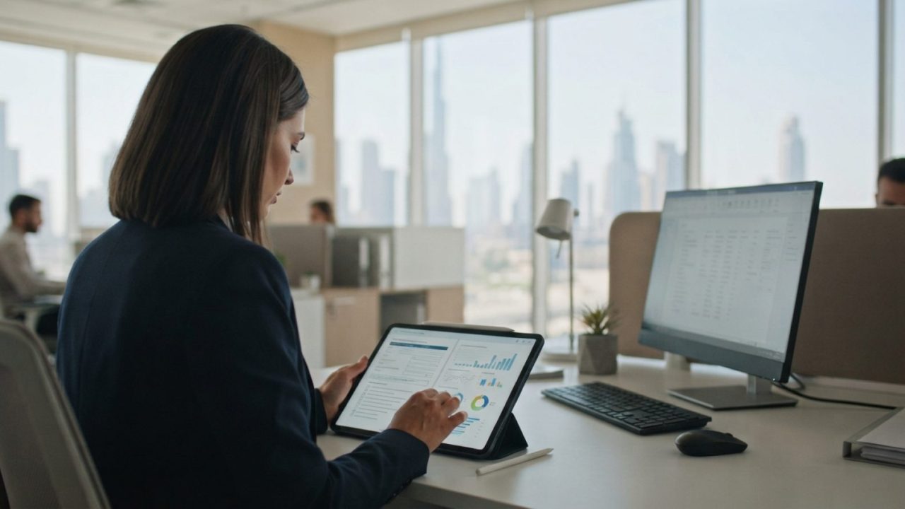 Illustration: A modern corporate human resources office in Dubai with digital tablet screens displaying administrative compliance documents, clean des