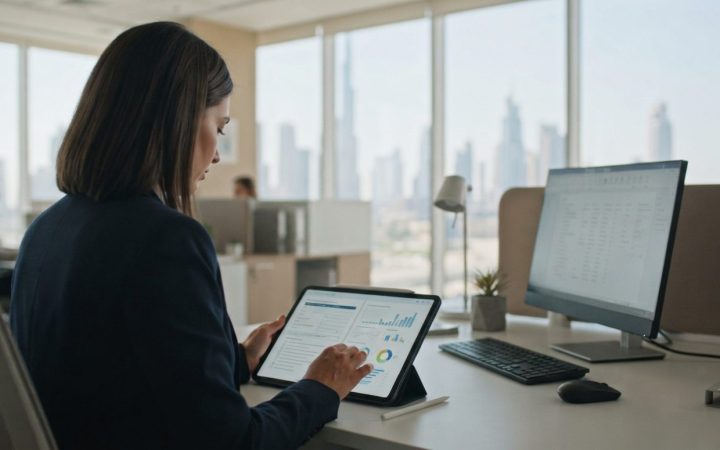 Illustration: A modern corporate human resources office in Dubai with digital tablet screens displaying administrative compliance documents, clean des