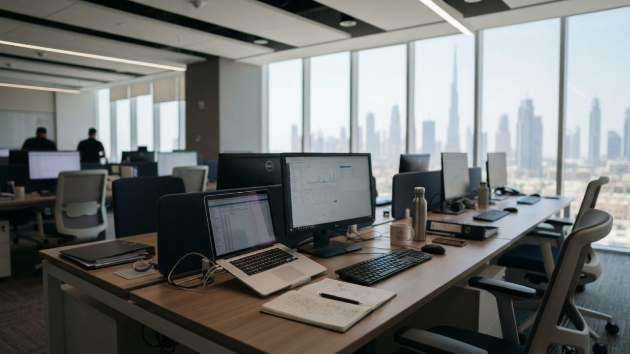 Illustration: A modern corporate office environment in Dubai with professional desk setups, documents, and business stationery, shot from an editorial