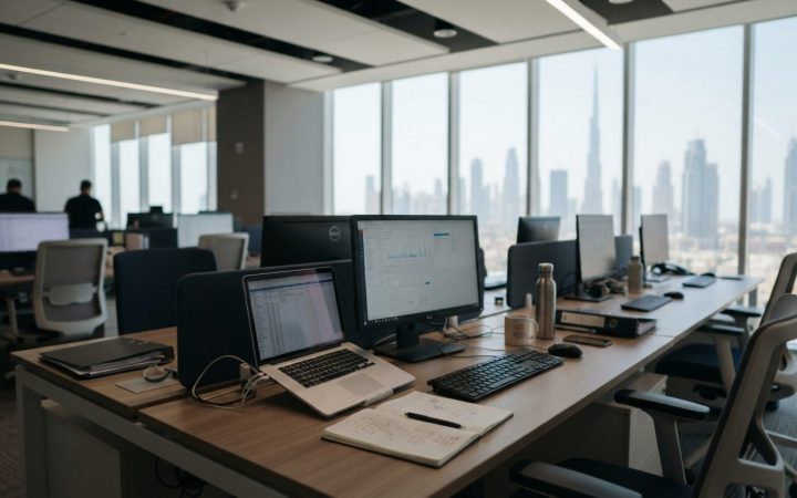 Illustration: A modern corporate office environment in Dubai with professional desk setups, documents, and business stationery, shot from an editorial