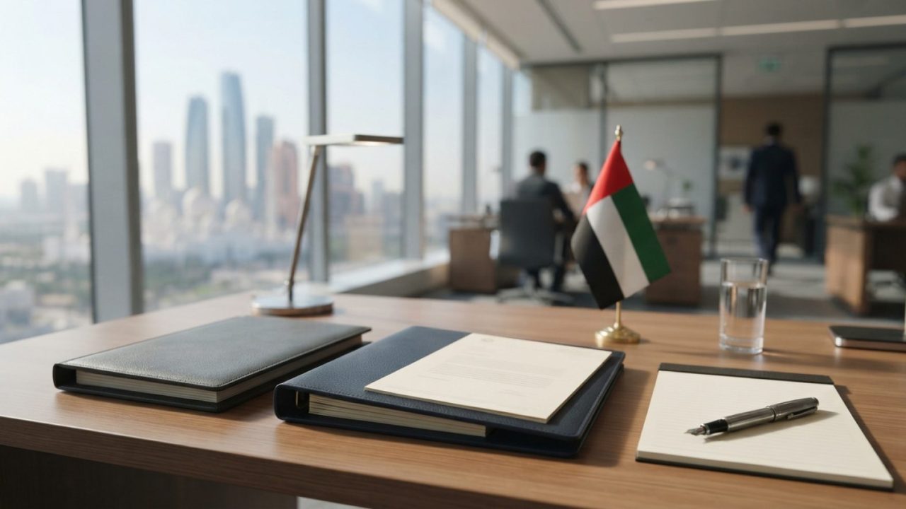 Illustration: An empty modern corporate office desk in the United Arab Emirates with official legal folders, documents, and a pen under soft daylight.