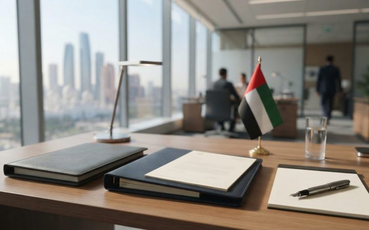 Illustration: An empty modern corporate office desk in the United Arab Emirates with official legal folders, documents, and a pen under soft daylight.