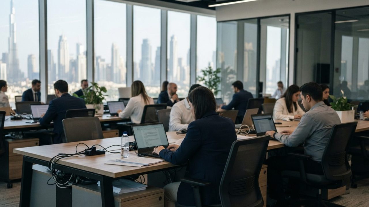 Illustration: Corporate professionals working on modern laptops in a bright, contemporary glass office interior in Dubai, viewed through a neutral edi