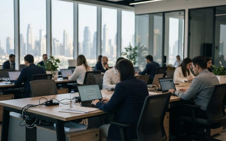 Illustration: Corporate professionals working on modern laptops in a bright, contemporary glass office interior in Dubai, viewed through a neutral edi