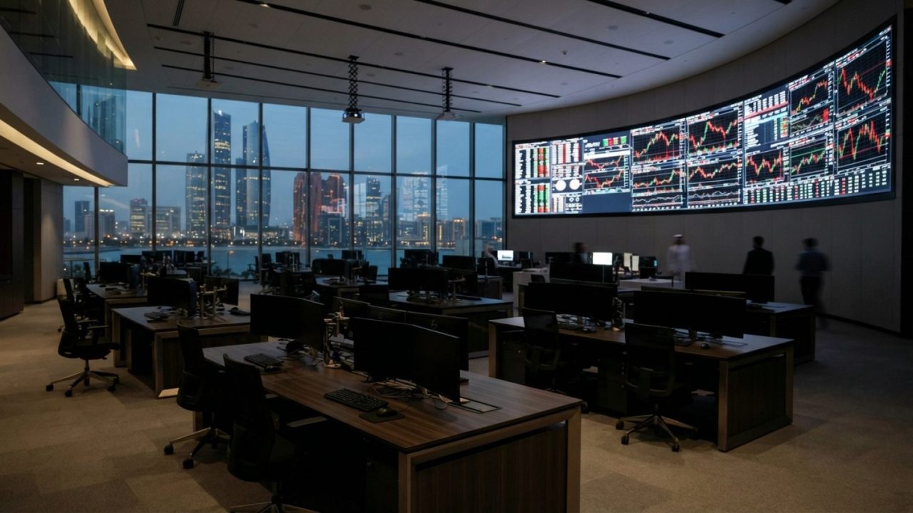 Illustration: Modern financial trading room in the United Arab Emirates with glowing financial stock charts on large wall screens and empty desks at d