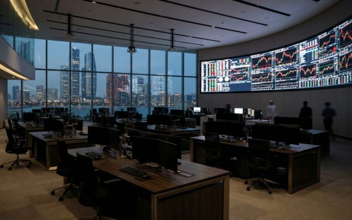 Illustration: Modern financial trading room in the United Arab Emirates with glowing financial stock charts on large wall screens and empty desks at d