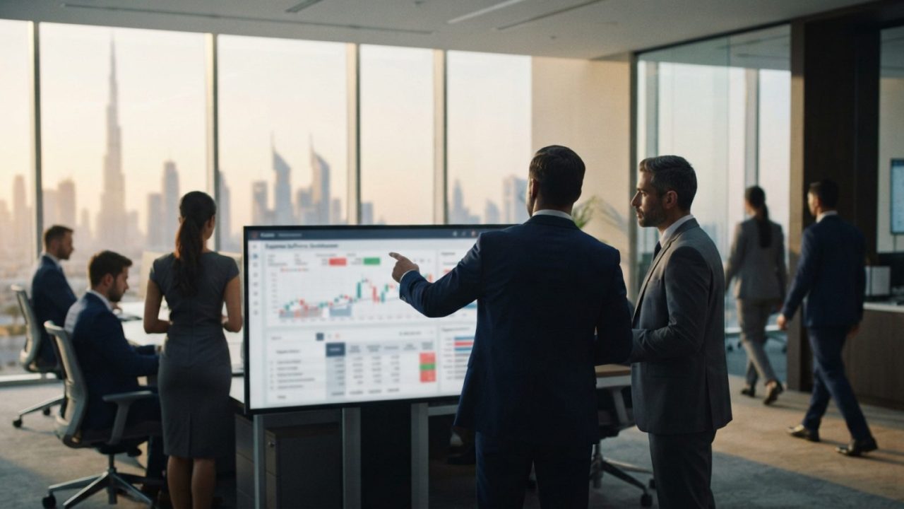 Illustration: Corporate finance professionals reviewing financial charts and expense software dashboards on digital displays inside a modern office in