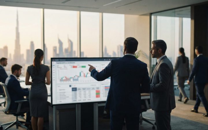 Illustration: Corporate finance professionals reviewing financial charts and expense software dashboards on digital displays inside a modern office in