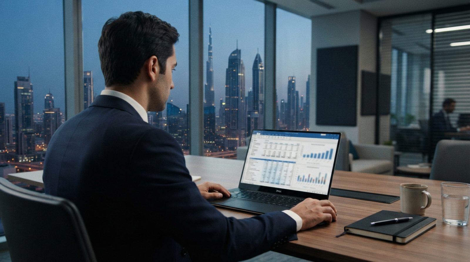 Illustration: Corporate finance professional working with financial balance sheets and calculation software on a modern laptop in a Dubai high-rise of