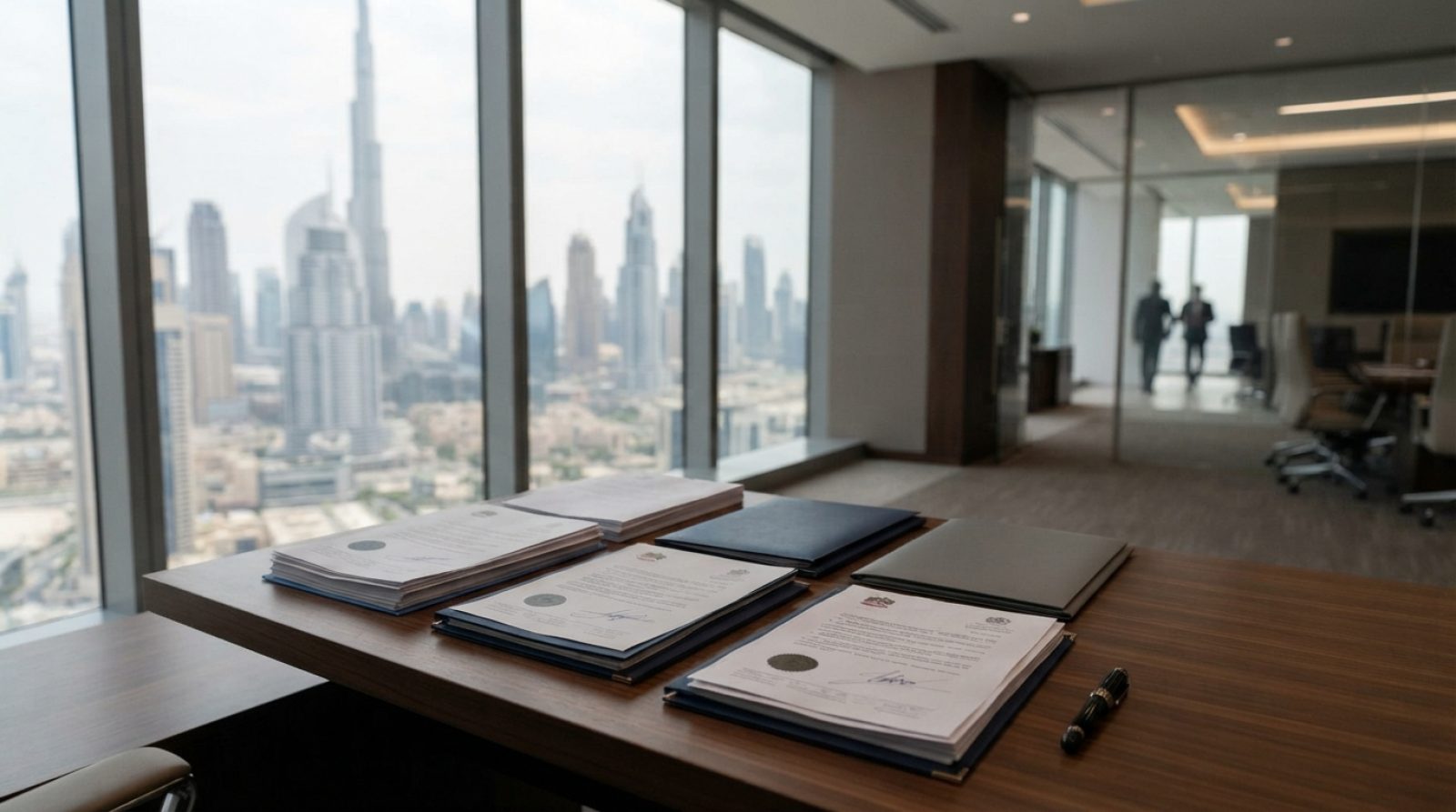 Illustration: A modern legal and corporate advisory office in Dubai with formal residency documents and contracts placed on a clean wooden desk, floor
