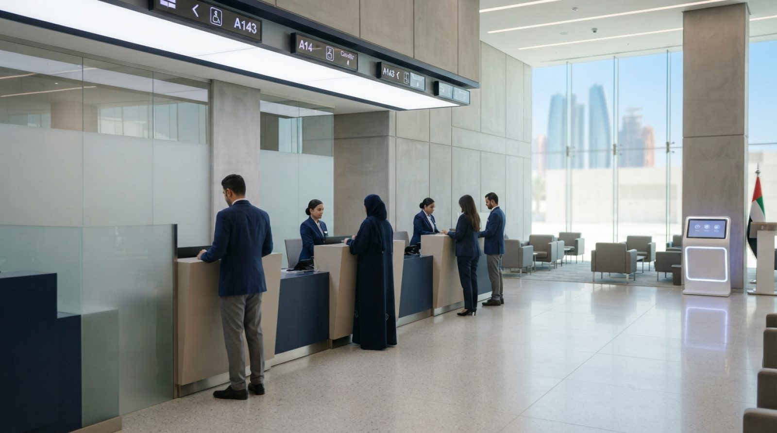 Illustration: A modern immigration and smart services customer center in the United Arab Emirates, featuring clean architectural lines, customer servi
