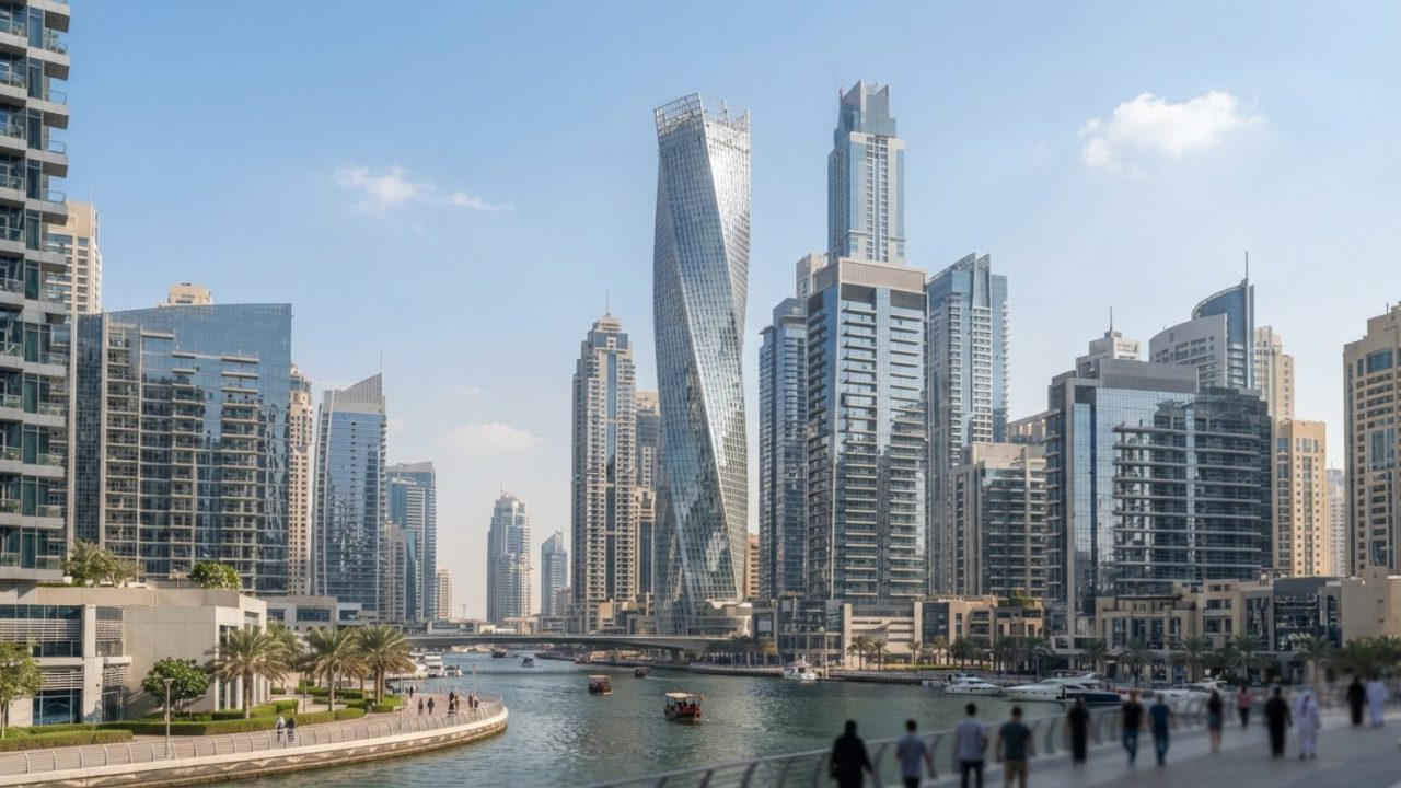 Illustration: A modern commercial business center and office towers in Dubai, showing corporate skyscrapers in glass and steel under clear sunlight, e