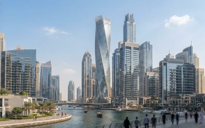 Illustration: A modern commercial business center and office towers in Dubai, showing corporate skyscrapers in glass and steel under clear sunlight, e