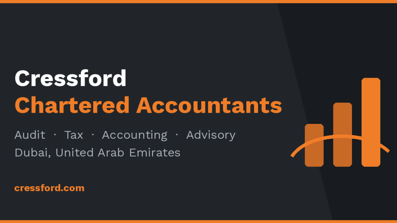Cressford Chartered Accountants promotional graphic with company name, services, and logo on a dark background.