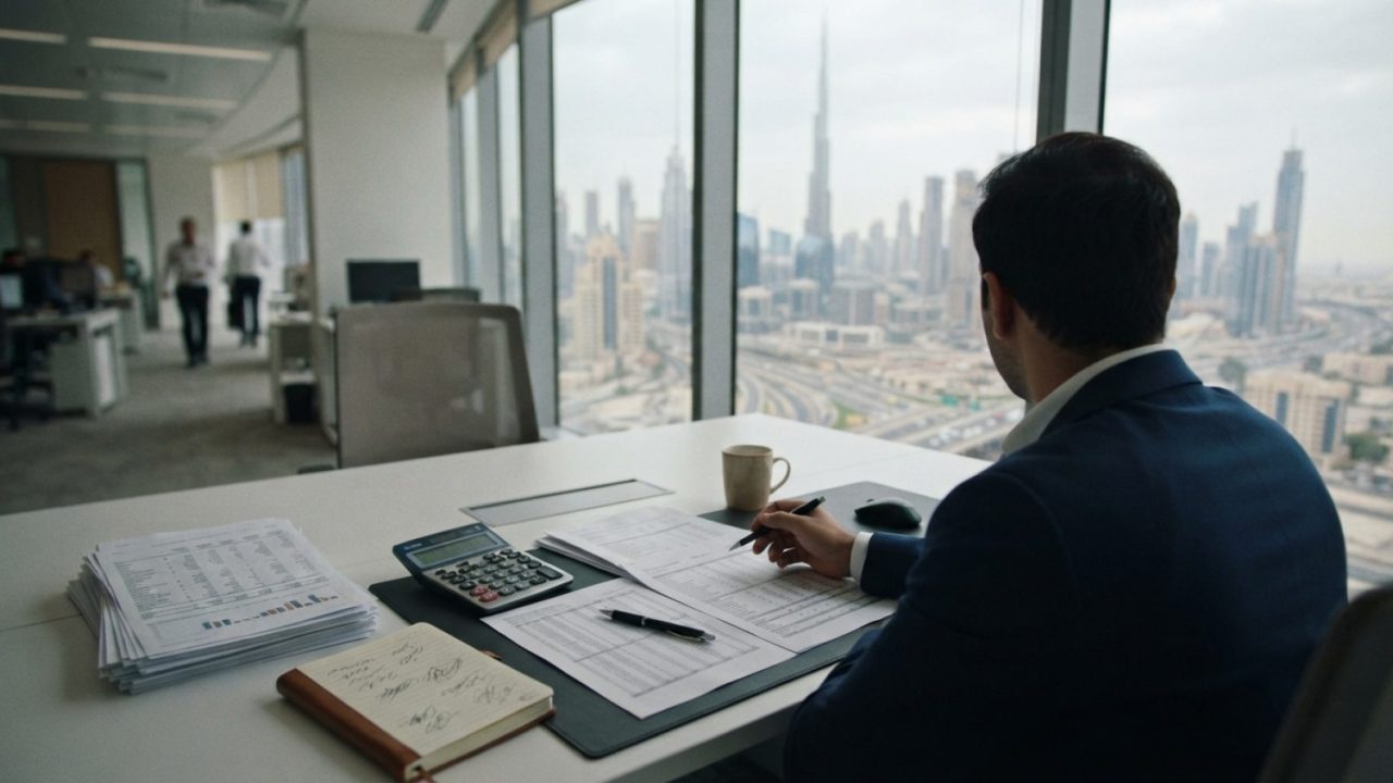 Illustration: A modern corporate office desk in Dubai with financial balance sheets, digital calculator, and accounting documents, overlooking city to