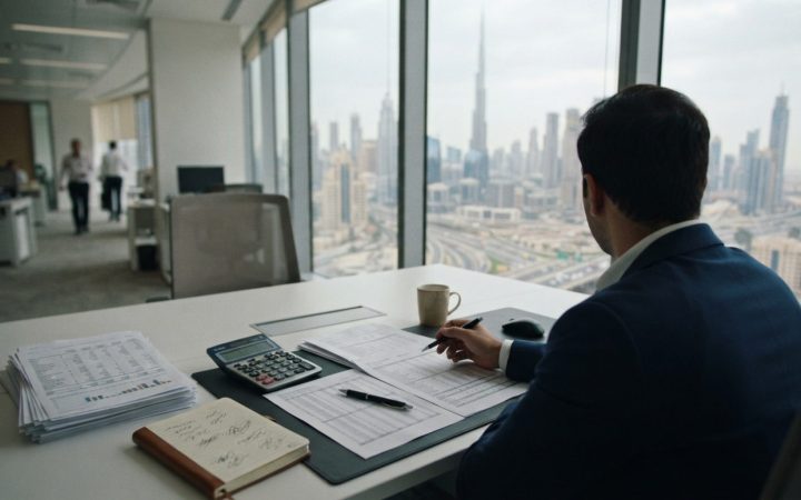 Illustration: A modern corporate office desk in Dubai with financial balance sheets, digital calculator, and accounting documents, overlooking city to