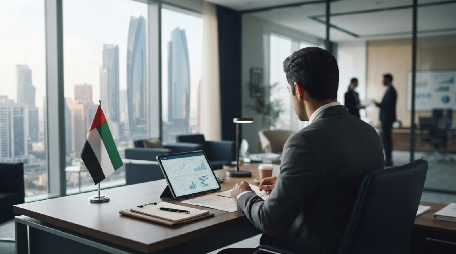 Illustration: A modern corporate office desk in the United Arab Emirates featuring a digital tablet displaying paperwork interfaces with modern city a