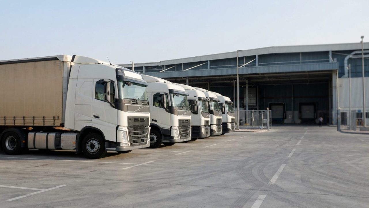 Illustration: Specialised commercial heavy goods transport trucks parked in an orderly row inside a modern logistics depot in the United Arab Emirates
