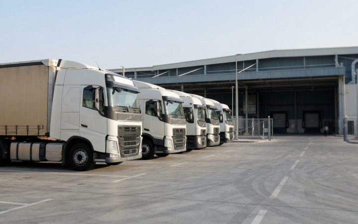 Illustration: Specialised commercial heavy goods transport trucks parked in an orderly row inside a modern logistics depot in the United Arab Emirates