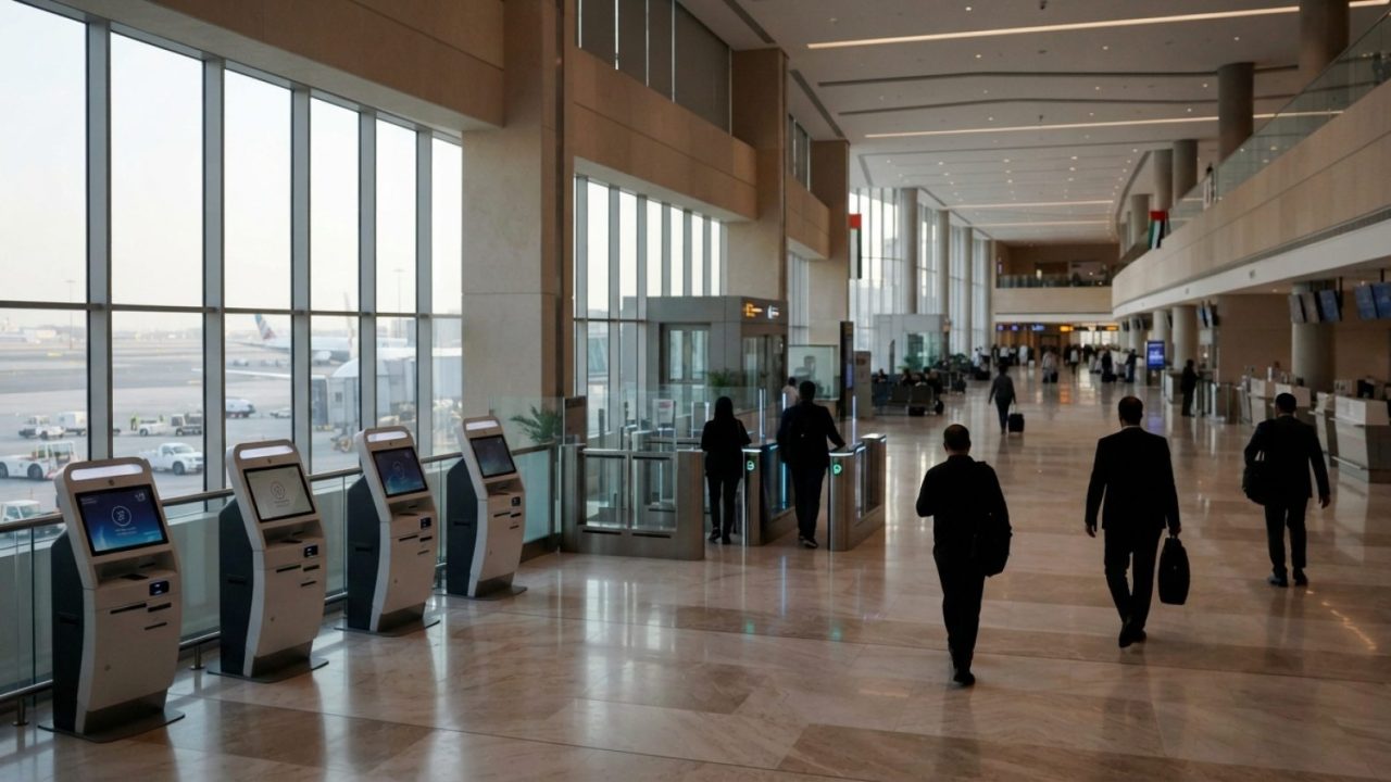 Illustration: A modern, bright airport departure concourse in the United Arab Emirates with sleek automated digital self-service tax refund kiosks and