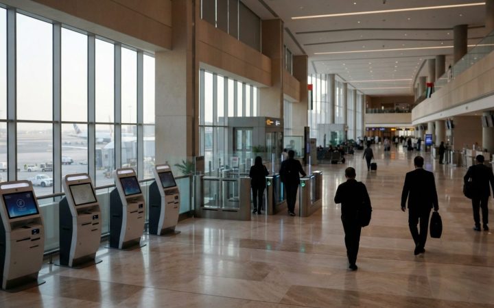 Illustration: A modern, bright airport departure concourse in the United Arab Emirates with sleek automated digital self-service tax refund kiosks and