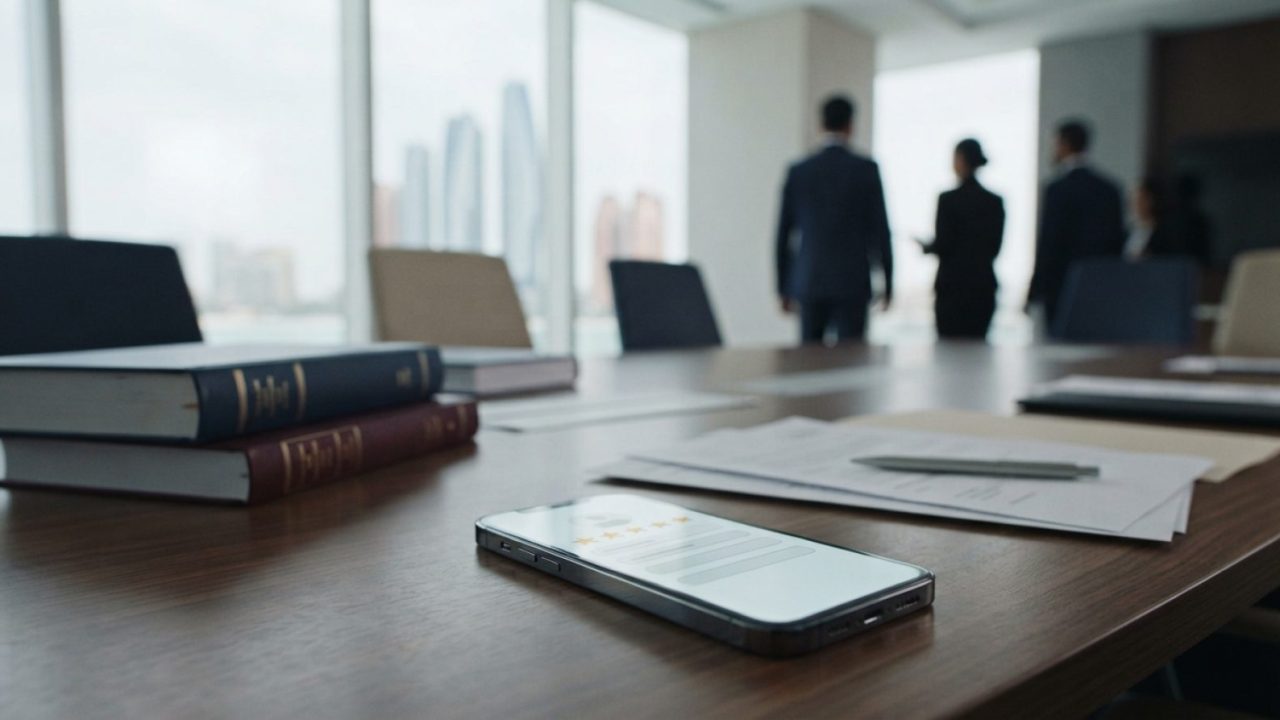 Illustration: A smartphone resting on an office desk displaying star rating icons and review forms, beside legal law reference books and documents in