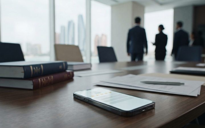 Illustration: A smartphone resting on an office desk displaying star rating icons and review forms, beside legal law reference books and documents in