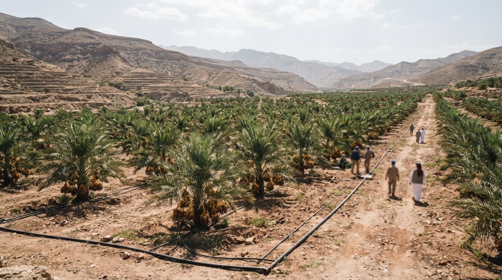 Illustration: Neat rows of healthy date palm trees growing under bright sunlight in a dry agricultural valley surrounded by terraced hills, with irrig