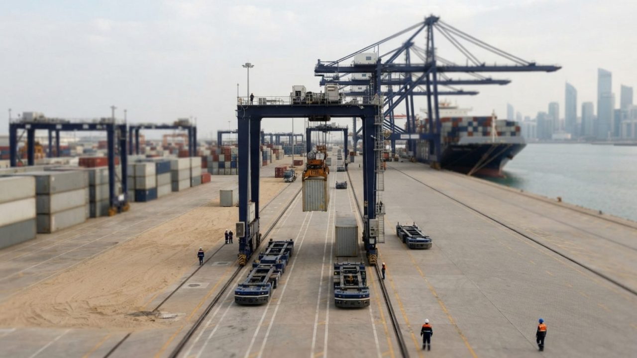Illustration: Automated container terminal at a modern commercial deep-water port with automated guided vehicles, robotic cranes, and shipping contain