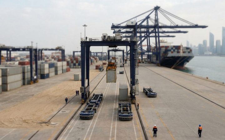 Illustration: Automated container terminal at a modern commercial deep-water port with automated guided vehicles, robotic cranes, and shipping contain