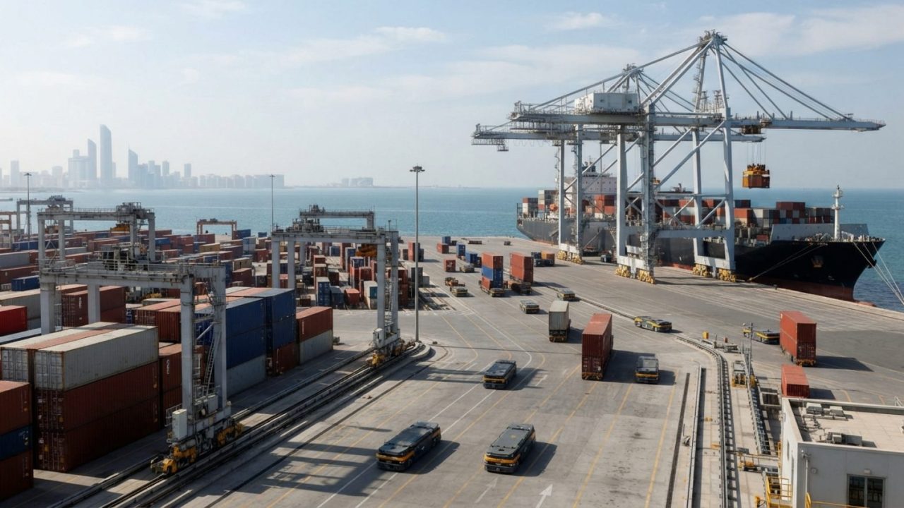 Illustration: A modern fully automated container shipping terminal with unmanned automated guided vehicles and large ship-to-shore gantry cranes under