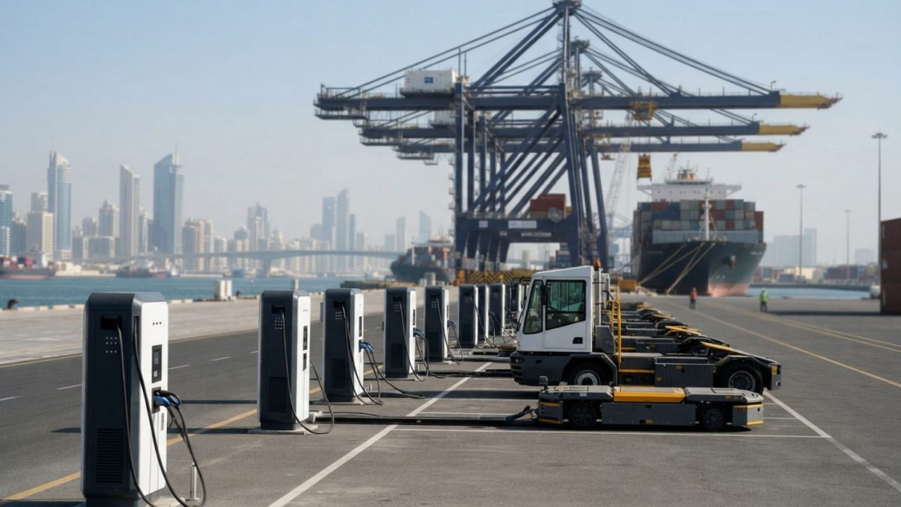 Illustration: Modern electric vehicle charging stations and high-tech automated port cranes under a clear sky, showing clean energy infrastructure, pr